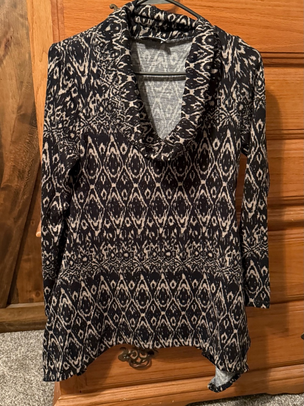 Cowl Neck Long Sleeve Tunic in Black and Cream Ikat